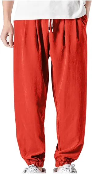 Men's Linen Harem Pants Casual Loose Drawstring Elastic Waist Sweatpant Outdoor Baggy Hiking Jogger Trousers Pockets