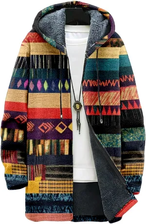 Mens Long Cardigan Hoodies Color Block Hooded Jacket Horse Print Open front Sweater Hoodie with Pockets Coat