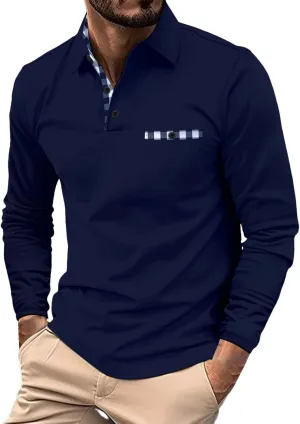 Men's Long Sleeve Polo Shirt Casual Muscle Fit Button Polo T Shirt with Pocket Basic Lightweight Collared Golf Shirt