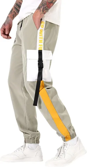 Mens Outdoor Cargo Pants Wide Elastic Waist Pants with Multi-Pocket Relaxed Drawstring Casual Trousers