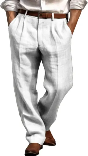 Men's Pants Linen Double Pleated Solid Color Trousers Casual Business Straight Leg Fashion Hiking Joggers Dress Pants