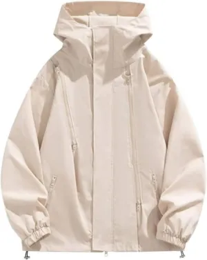Mens Rain Jackets Waterproof with Hood Lightweight Softshell Raincoat Vintage Soild Zip up Windproof Windbreaker