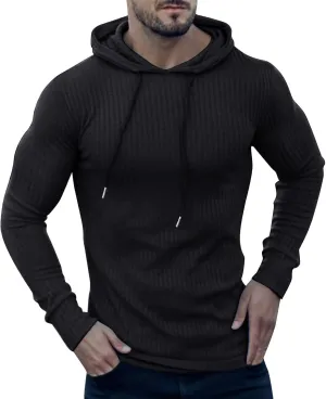 Mens Ribbed Knitted Hooded Sweatshirt Casual Drawstring Long Sleeve Hoodies Pullover Muscle Fit Lightweight Sweater
