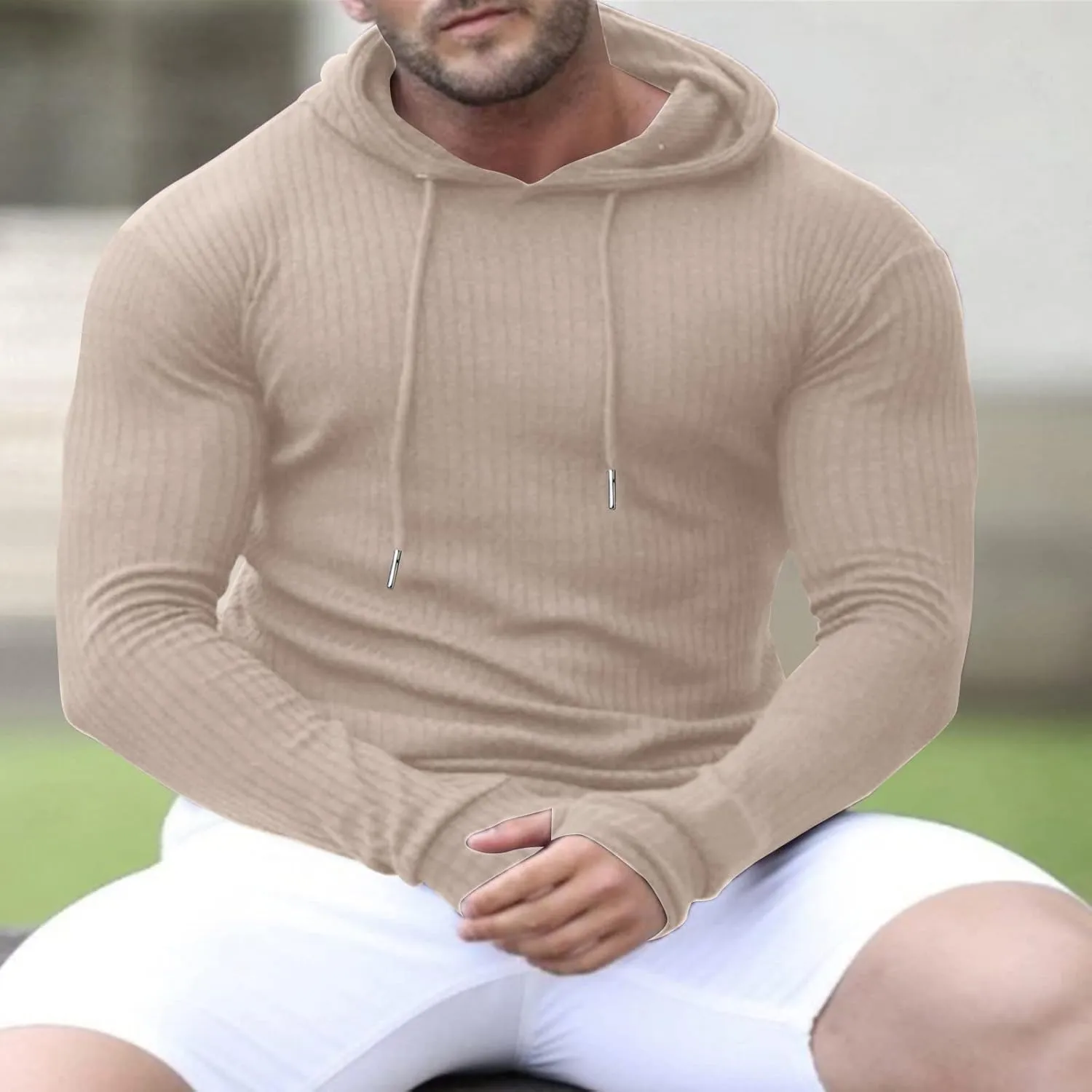 Mens Ribbed Knitted Hooded Sweatshirt Casual Drawstring Long Sleeve Hoodies Pullover Muscle Fit Lightweight Sweater
