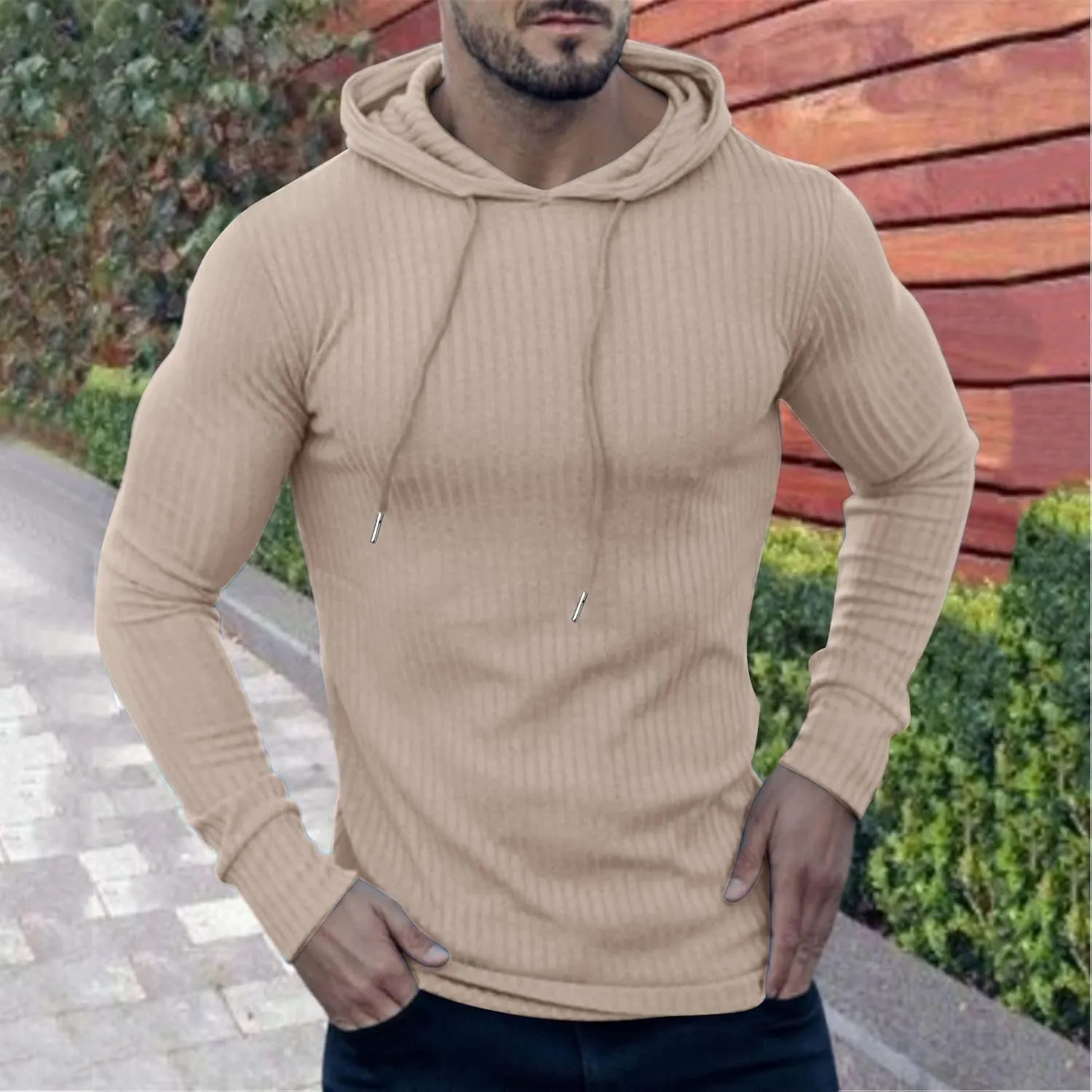 Mens Ribbed Knitted Hooded Sweatshirt Casual Drawstring Long Sleeve Hoodies Pullover Muscle Fit Lightweight Sweater