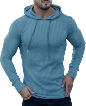 Mens Ribbed Knitted Hooded Sweatshirt Casual Drawstring Long Sleeve Hoodies Pullover Muscle Fit Lightweight Sweater