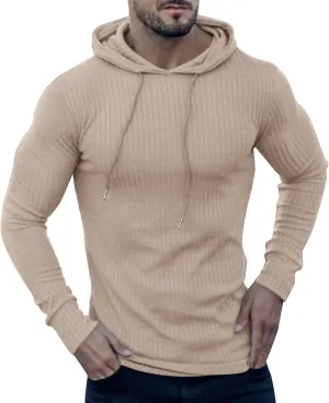 Mens Ribbed Knitted Hooded Sweatshirt Casual Drawstring Long Sleeve Hoodies Pullover Muscle Fit Lightweight Sweater
