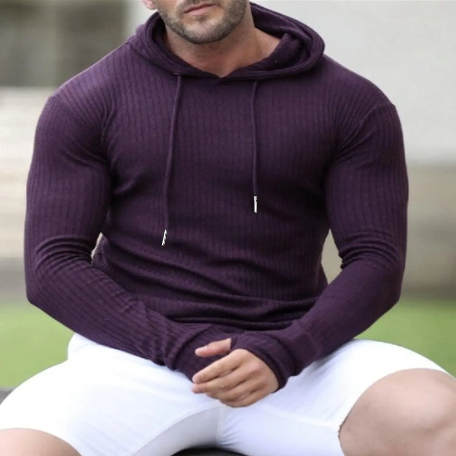 Mens Ribbed Knitted Hooded Sweatshirt Casual Drawstring Long Sleeve Hoodies Pullover Muscle Fit Lightweight Sweater