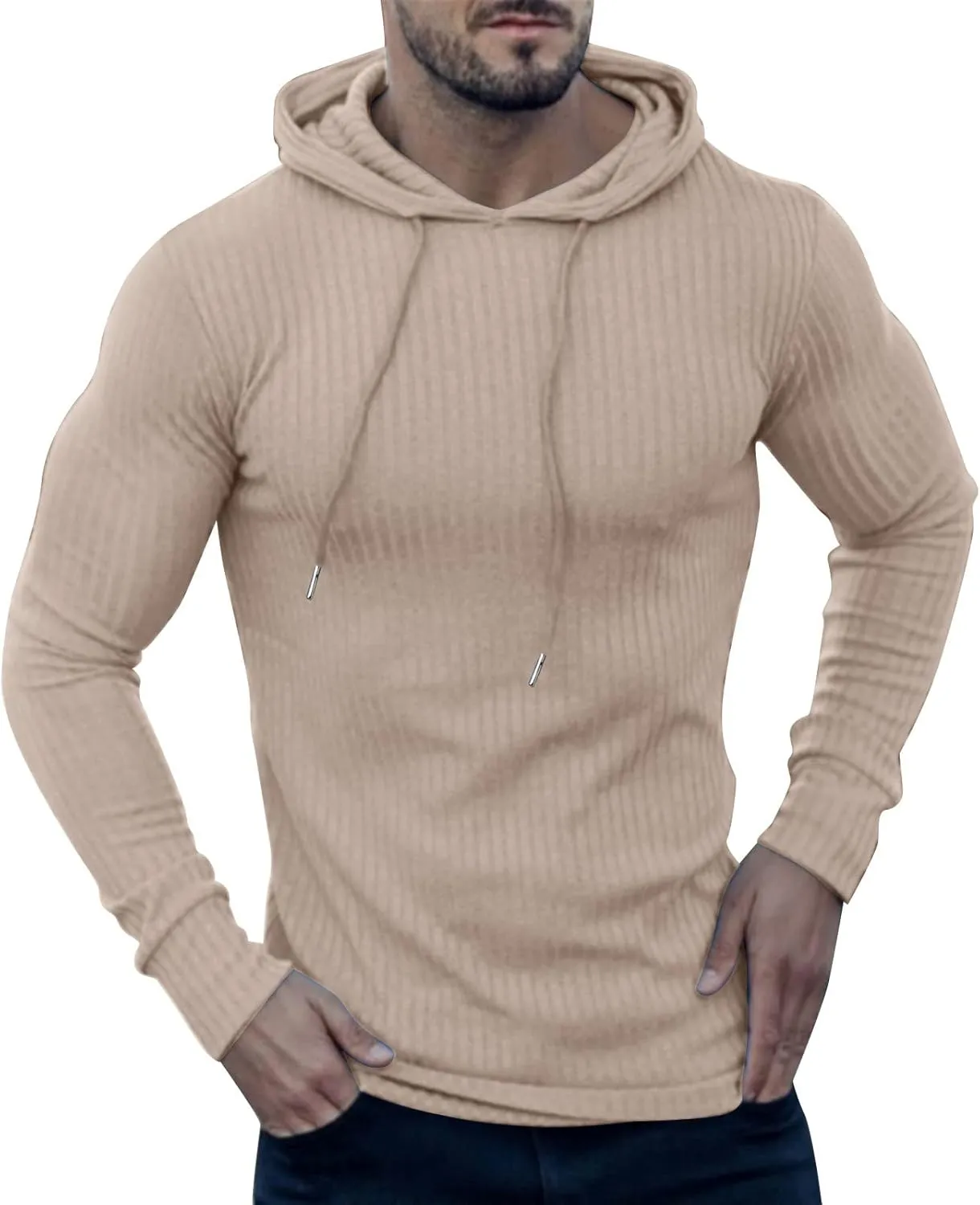 Mens Ribbed Knitted Hooded Sweatshirt Casual Drawstring Long Sleeve Hoodies Pullover Muscle Fit Lightweight Sweater