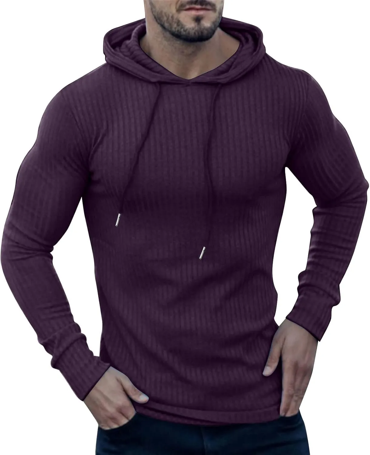 Mens Ribbed Knitted Hooded Sweatshirt Casual Drawstring Long Sleeve Hoodies Pullover Muscle Fit Lightweight Sweater