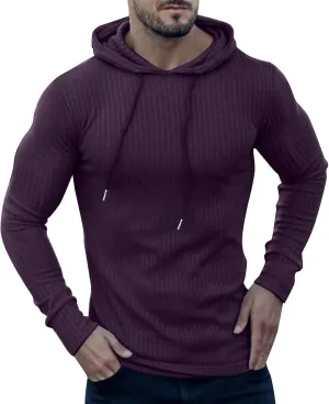 Mens Ribbed Knitted Hooded Sweatshirt Casual Drawstring Long Sleeve Hoodies Pullover Muscle Fit Lightweight Sweater