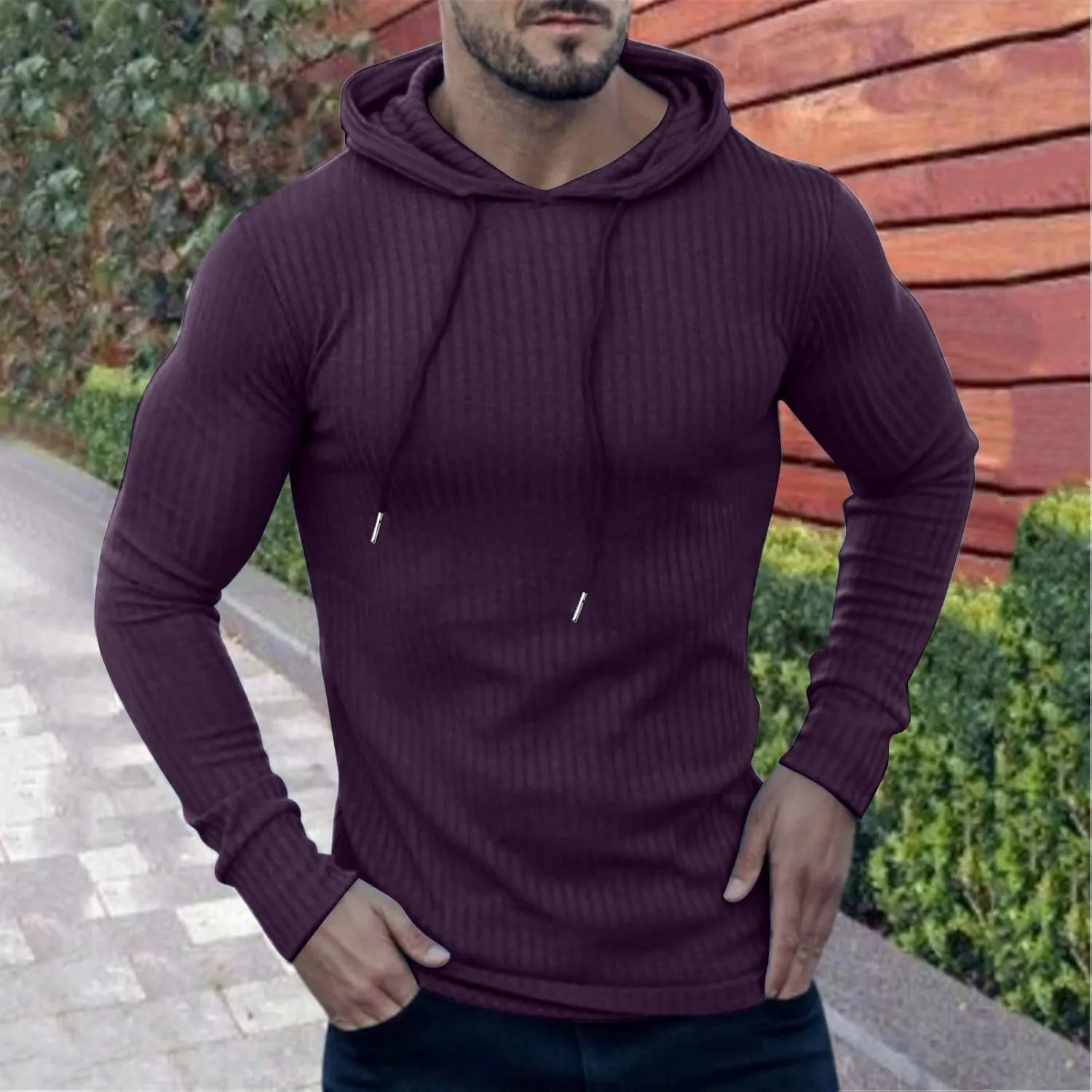Mens Ribbed Knitted Hooded Sweatshirt Casual Drawstring Long Sleeve Hoodies Pullover Muscle Fit Lightweight Sweater