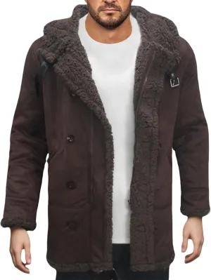 Men's Shearling Leather Coat with Hood Faux Suede Sherpa Lined Sheepskin Jacket Single Breasted Slim Jacket Overcoat