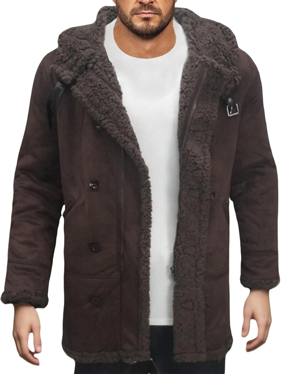 Men's Shearling Leather Coat with Hood Faux Suede Sherpa Lined Sheepskin Jacket Single Breasted Slim Jacket Overcoat