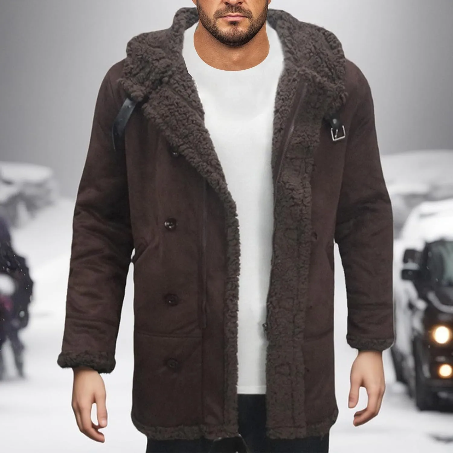 Men's Shearling Leather Coat with Hood Faux Suede Sherpa Lined Sheepskin Jacket Single Breasted Slim Jacket Overcoat