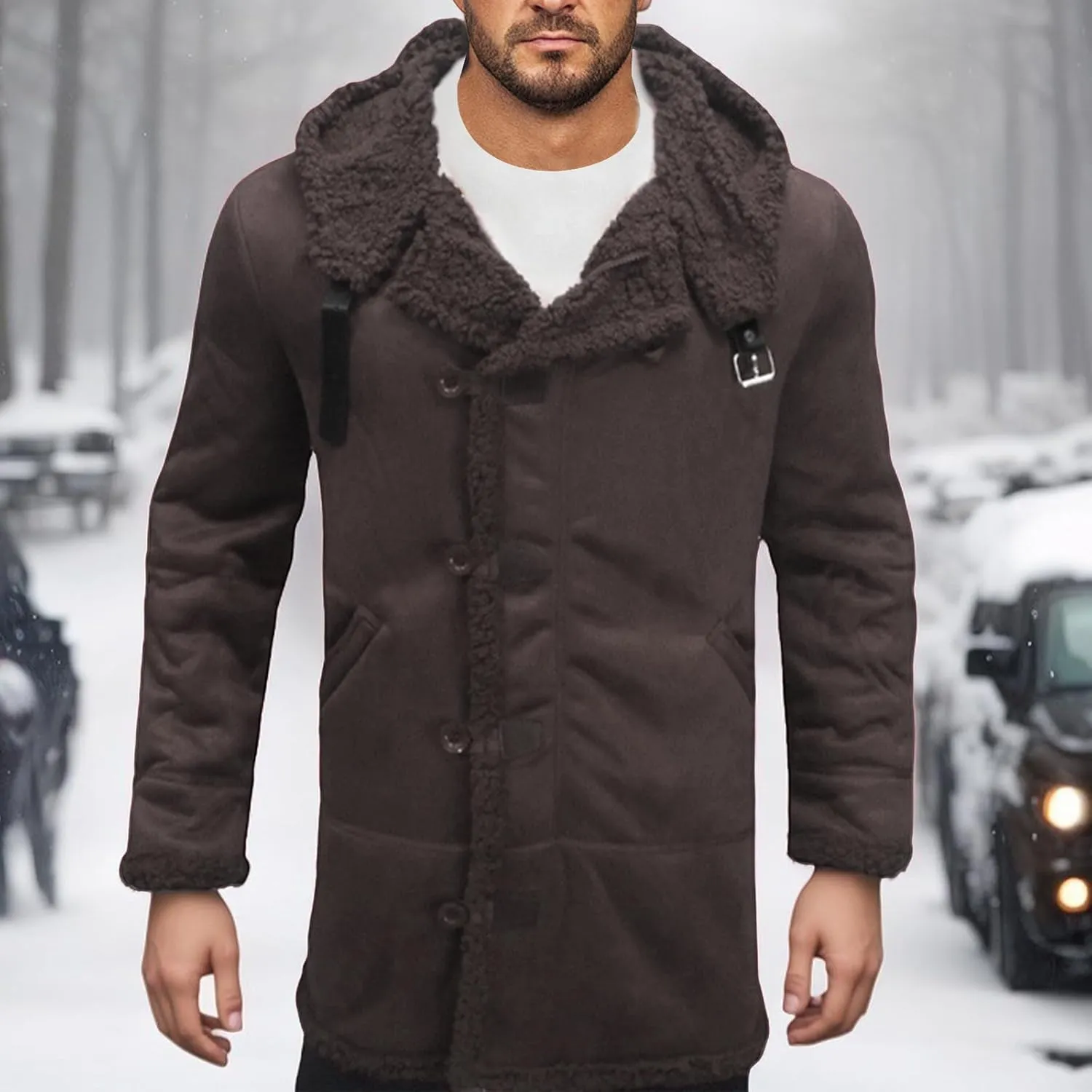 Men's Shearling Leather Coat with Hood Faux Suede Sherpa Lined Sheepskin Jacket Single Breasted Slim Jacket Overcoat