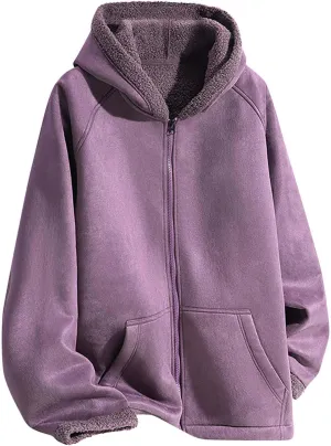 Men's Sherpa Coat Fleece Lined Long Sleeve Zip Up Outerwear Casual Winter Warm Solid Color Hooded Jacket with Pockets