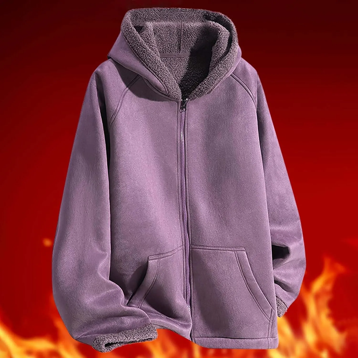 Men's Sherpa Coat Fleece Lined Long Sleeve Zip Up Outerwear Casual Winter Warm Solid Color Hooded Jacket with Pockets