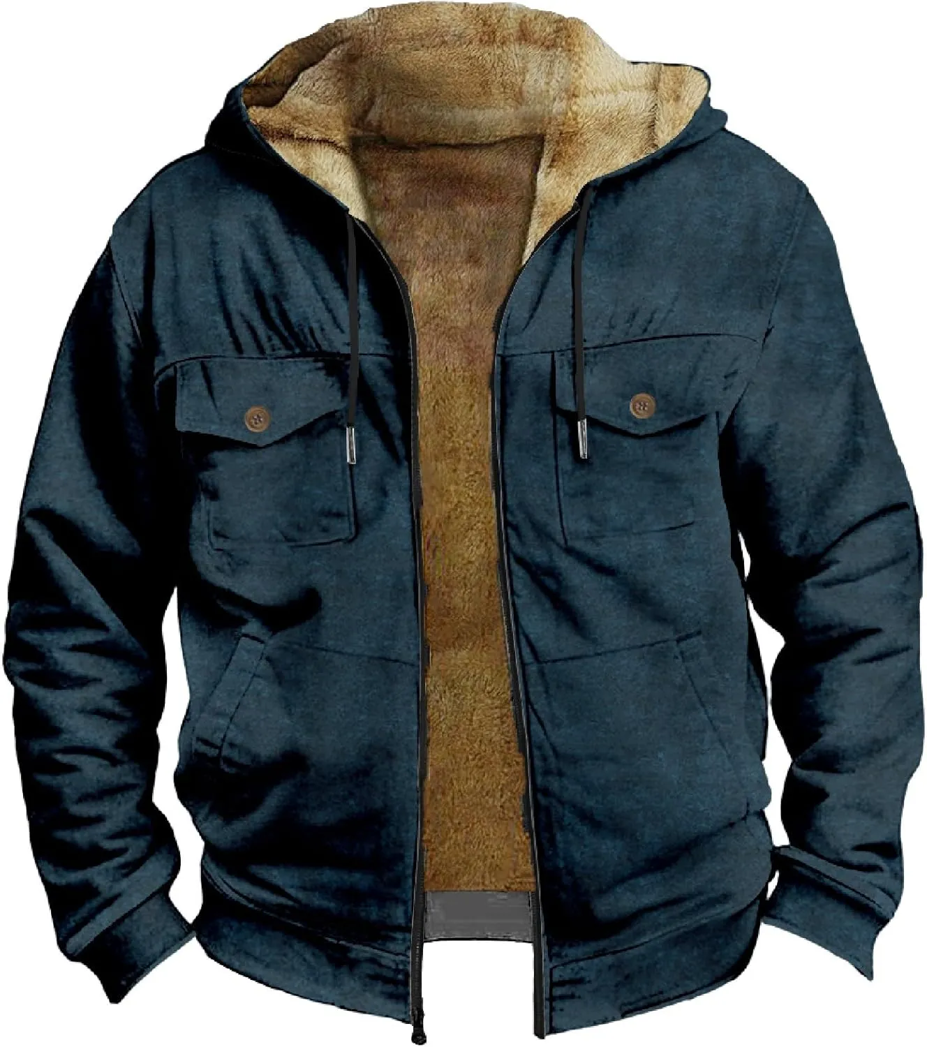 Men's Sherpa Fleece Lined Jackets Winter Warm Thick Zip Big and Tall Sherpa Lined Pullover Drawstring Coats Outwear