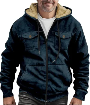 Men's Sherpa Fleece Lined Jackets Winter Warm Thick Zip Big and Tall Sherpa Lined Pullover Drawstring Coats Outwear
