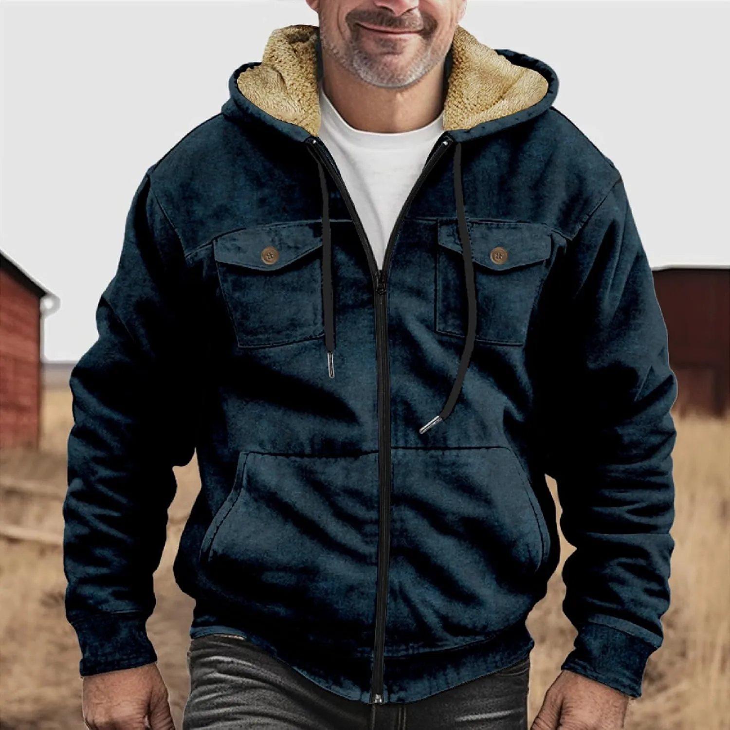 Men's Sherpa Fleece Lined Jackets Winter Warm Thick Zip Big and Tall Sherpa Lined Pullover Drawstring Coats Outwear