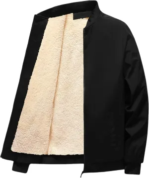 Mens Sherpa Lined Bomber Jacket Winter Heavyweight Zip Up Stand Collar Flight Jacket Windproof Softshell Windbreaker