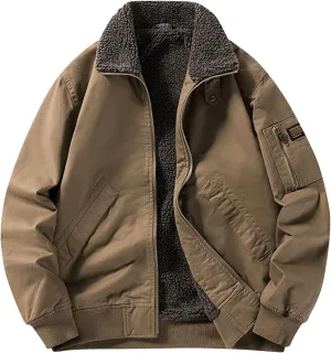 Men's Sherpa Lined Cargo Trucker Jackets Winter Warm Coats Full Zip Lapel Collar Outerwear with Pockets