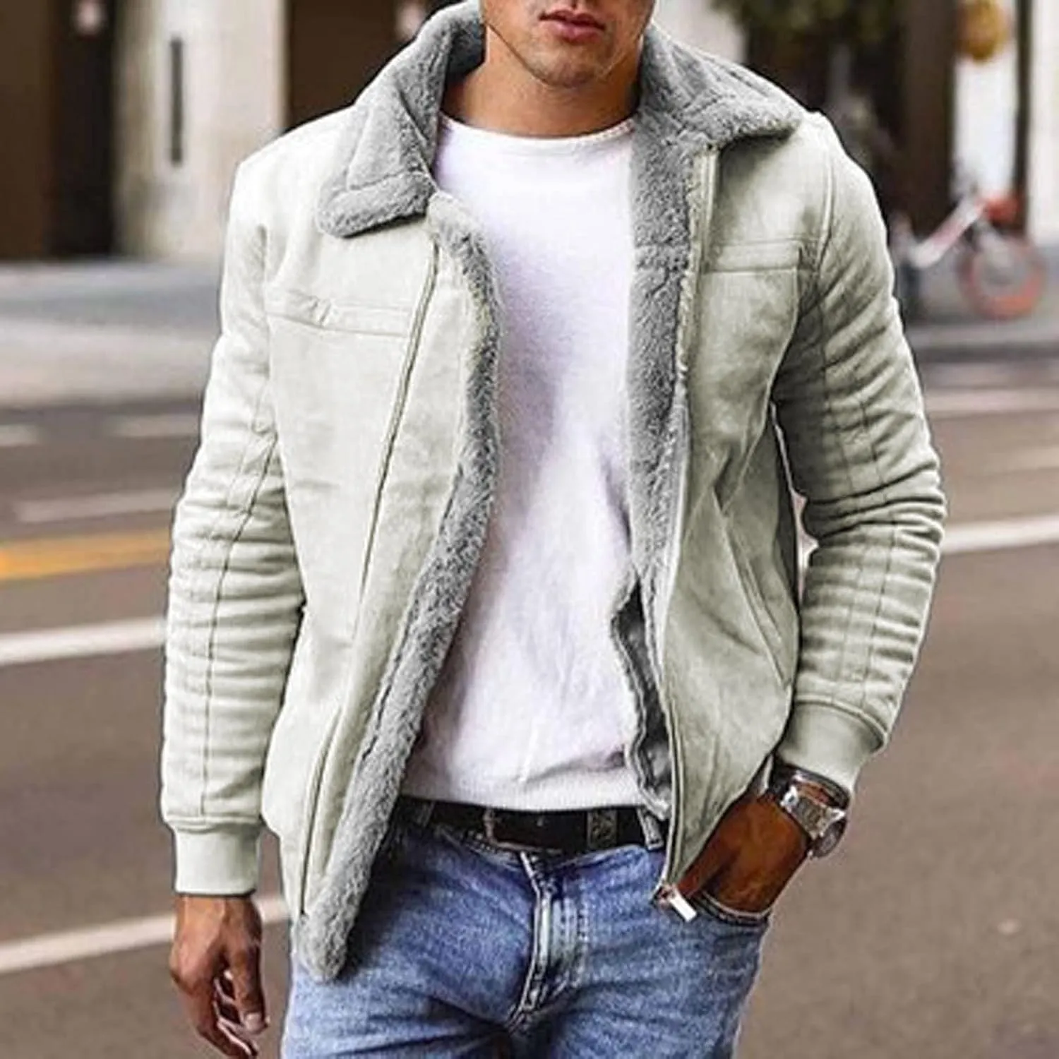 Mens Sherpa Lined Winter Jackets Zip Up Faux Suede Bomber Jacket with Fur Collar Big & Tall Heavyweight Flight Jacket