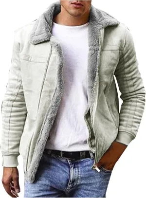 Mens Sherpa Lined Winter Jackets Zip Up Faux Suede Bomber Jacket with Fur Collar Big & Tall Heavyweight Flight Jacket