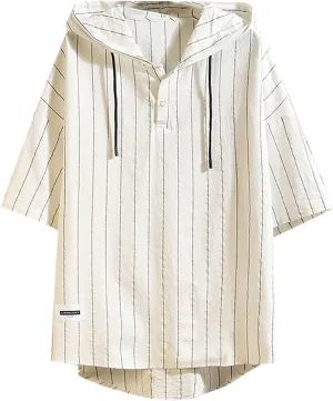 Men's Short Sleeve Hoodie Half Sleeve Hipster Hip Hop Striped Henley Shirts Hooded 2025 Summer Casual Pullover Tops