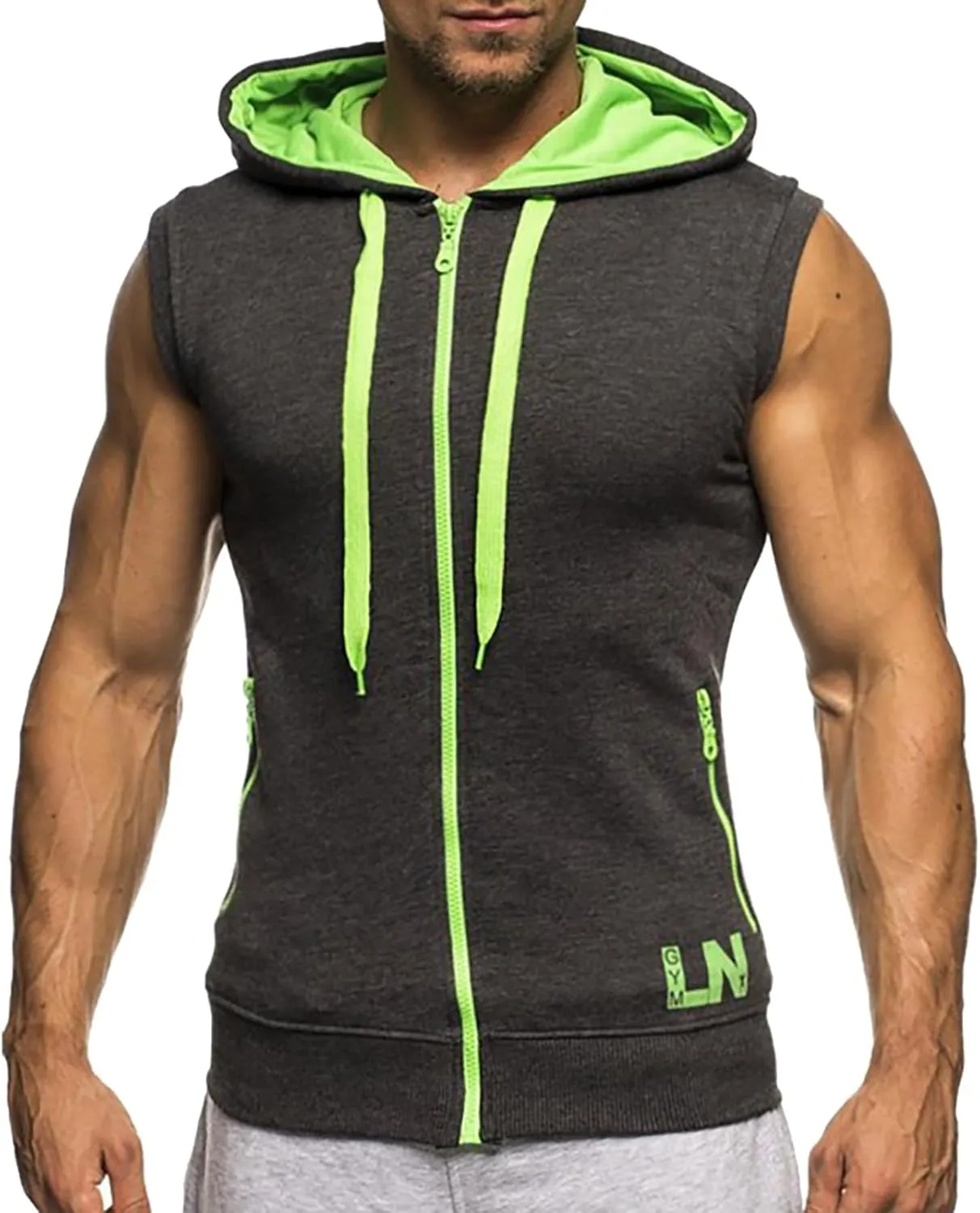 Men's Sleeveless Slim Fit Hoodie Vest Zipper Drawstring Gilet Jacket with Pockets Summer Spring Lightweight Hooded