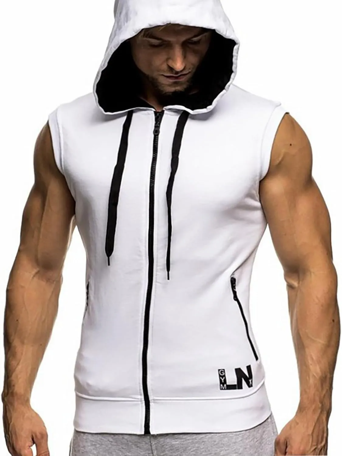 Men's Sleeveless Slim Fit Hoodie Vest Zipper Drawstring Gilet Jacket with Pockets Summer Spring Lightweight Hooded