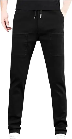 Mens Stretch Cargo Pants Baggy Drawstring Elastic Waist Hiking Joggers Sweatpants Casual Straight Leg Trouser Pockets