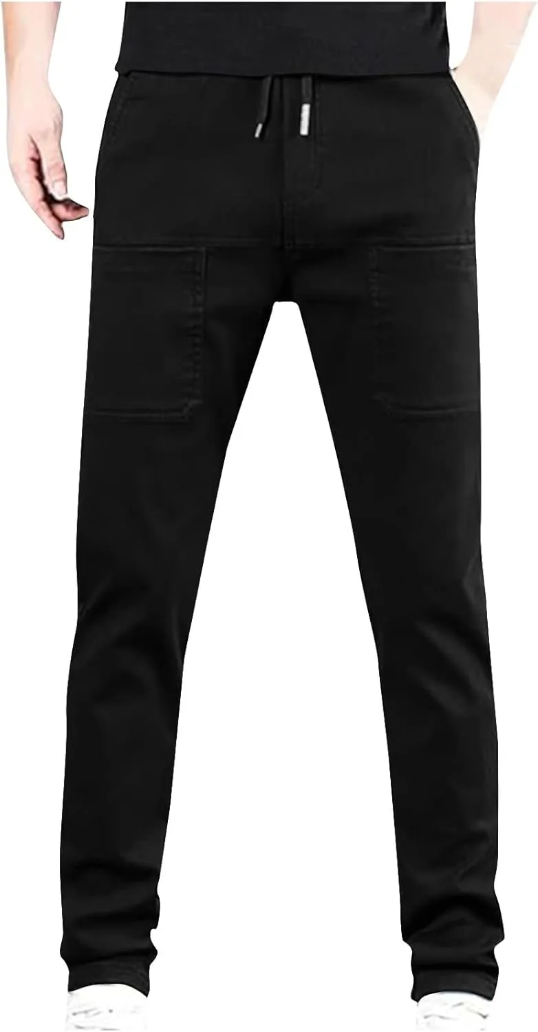 Mens Stretch Cargo Pants Baggy Drawstring Elastic Waist Hiking Joggers Sweatpants Casual Straight Leg Trouser Pockets