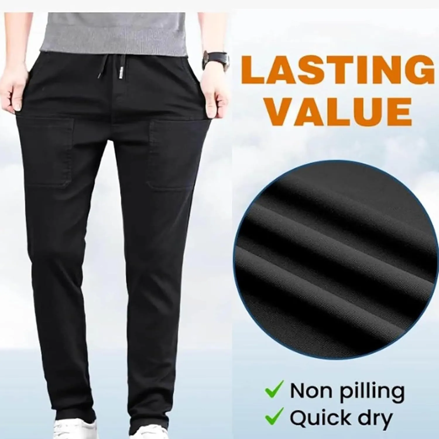Mens Stretch Cargo Pants Baggy Drawstring Elastic Waist Hiking Joggers Sweatpants Casual Straight Leg Trouser Pockets