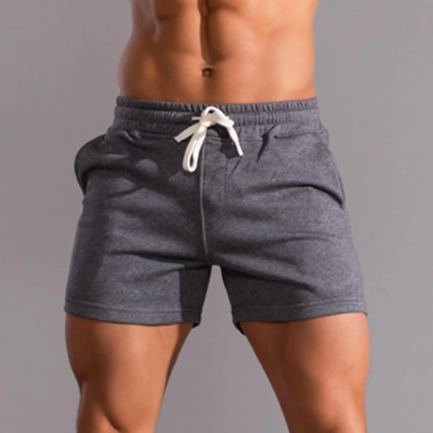 Mens Summer Athletic Sweat Shorts Solid Cotton Three-Point Sports Shorts Elastic Mid-Waist Drawstring Shorts