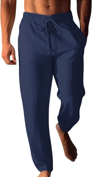 Men's Summer Beach Linen Pants Lightweight Casual Pants Elastic Waist Drawstring Trousers Outdoor Vacation Slacks
