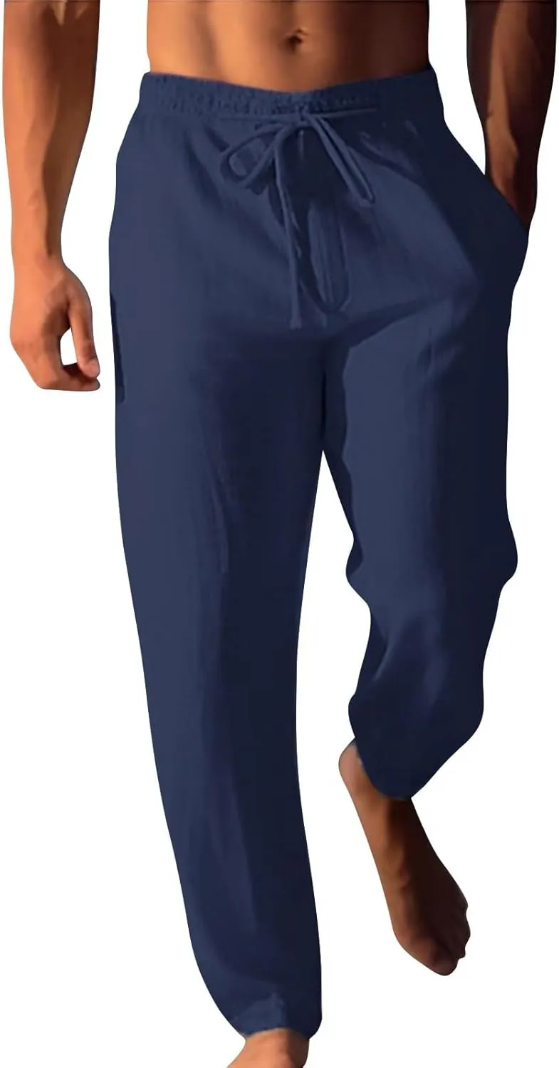 Men's Summer Beach Linen Pants Lightweight Casual Pants Elastic Waist Drawstring Trousers Outdoor Vacation Slacks