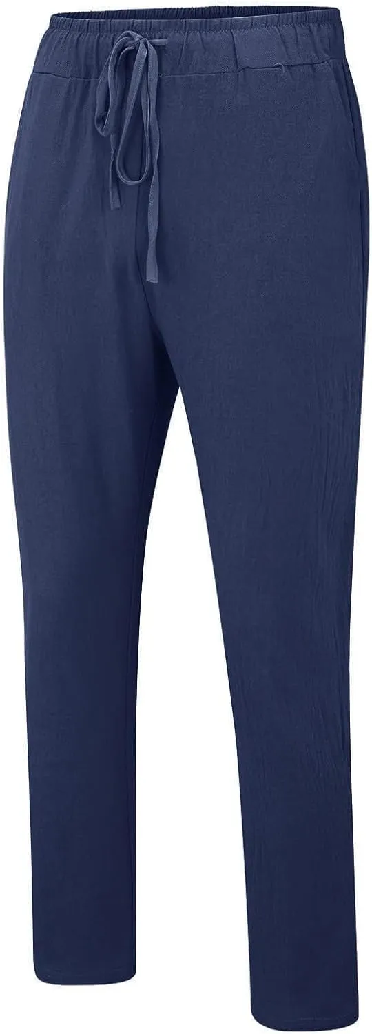 Men's Summer Beach Linen Pants Lightweight Casual Pants Elastic Waist Drawstring Trousers Outdoor Vacation Slacks