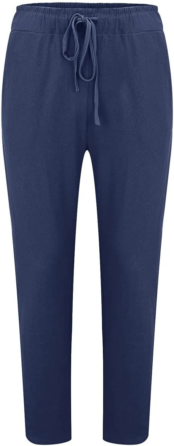 Men's Summer Beach Linen Pants Lightweight Casual Pants Elastic Waist Drawstring Trousers Outdoor Vacation Slacks
