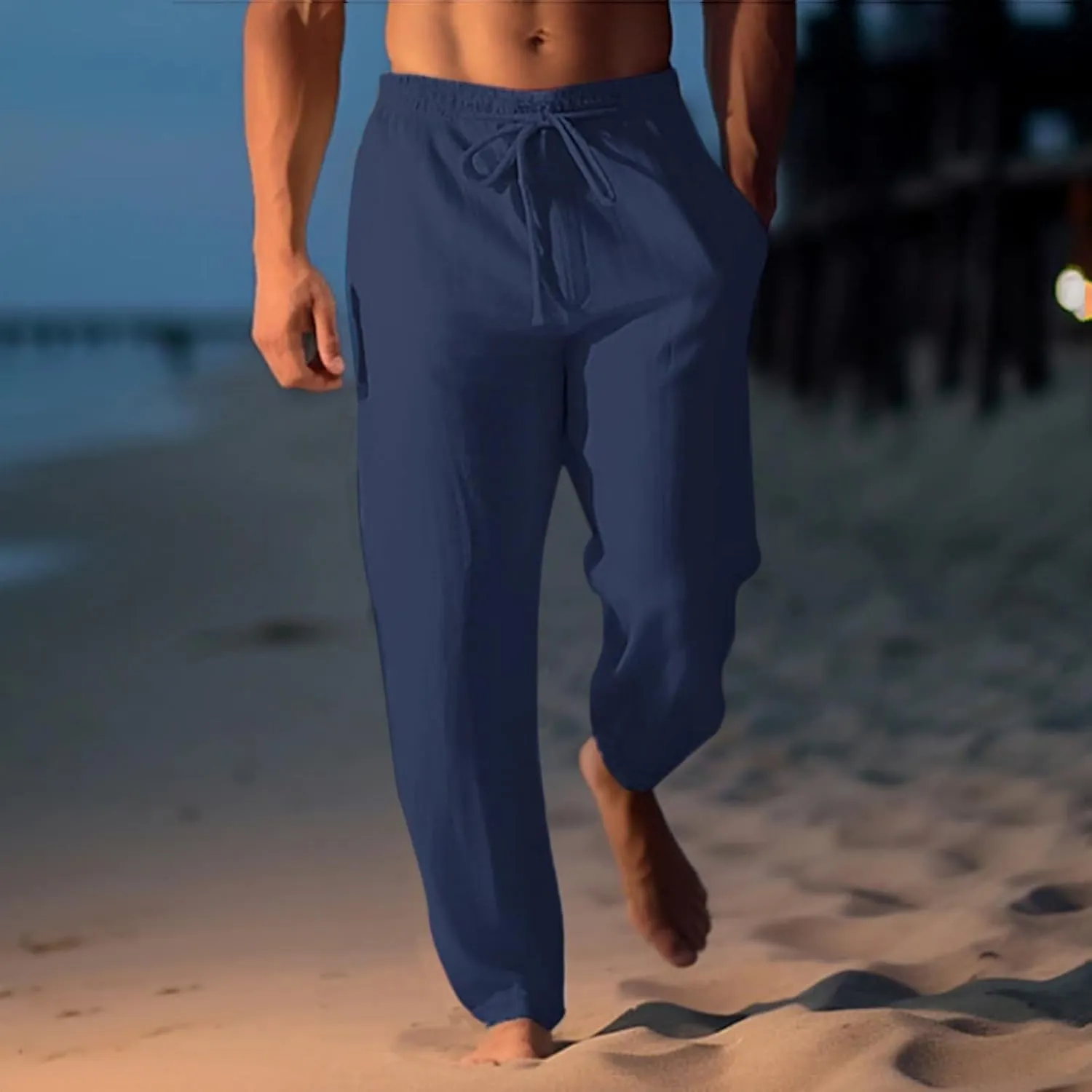 Men's Summer Beach Linen Pants Lightweight Casual Pants Elastic Waist Drawstring Trousers Outdoor Vacation Slacks