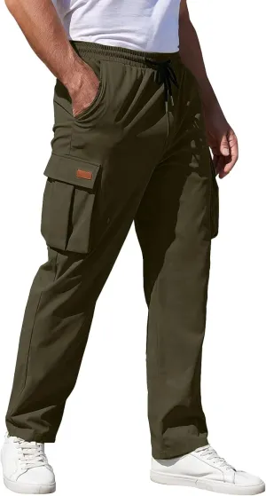 Mens Sweatpants Zipper Fly Cotton Casual Cargo Work Pants Relaxed Fit Baggy Travel Hiking Trouser Multi Pockets