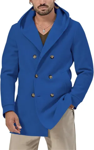 Mens Trench Coat with Hood Notched Lapel Double Breasted Peacoat Midi Long Jacket Windbreaker Overcoat Pea Coat Hoodie