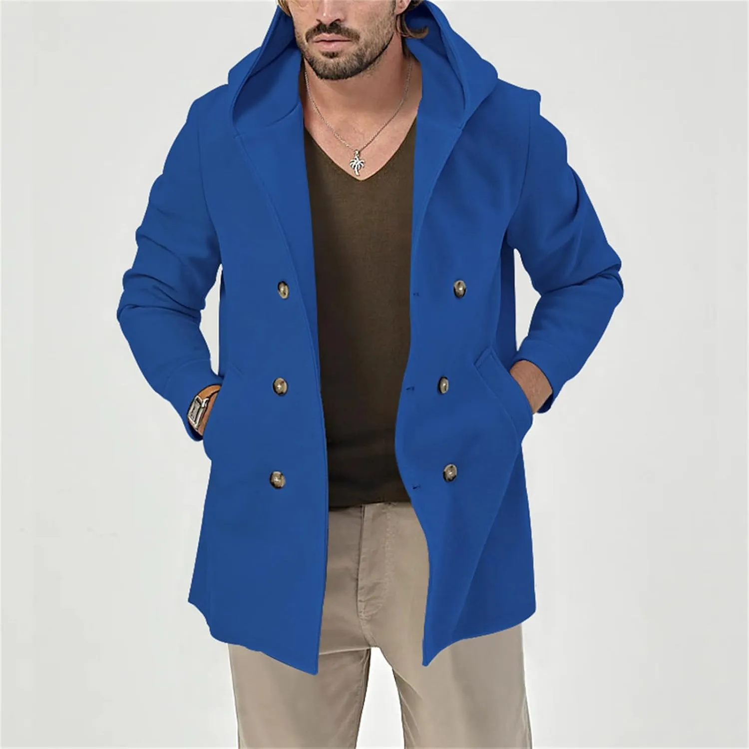 Mens Trench Coat with Hood Notched Lapel Double Breasted Peacoat Midi Long Jacket Windbreaker Overcoat Pea Coat Hoodie