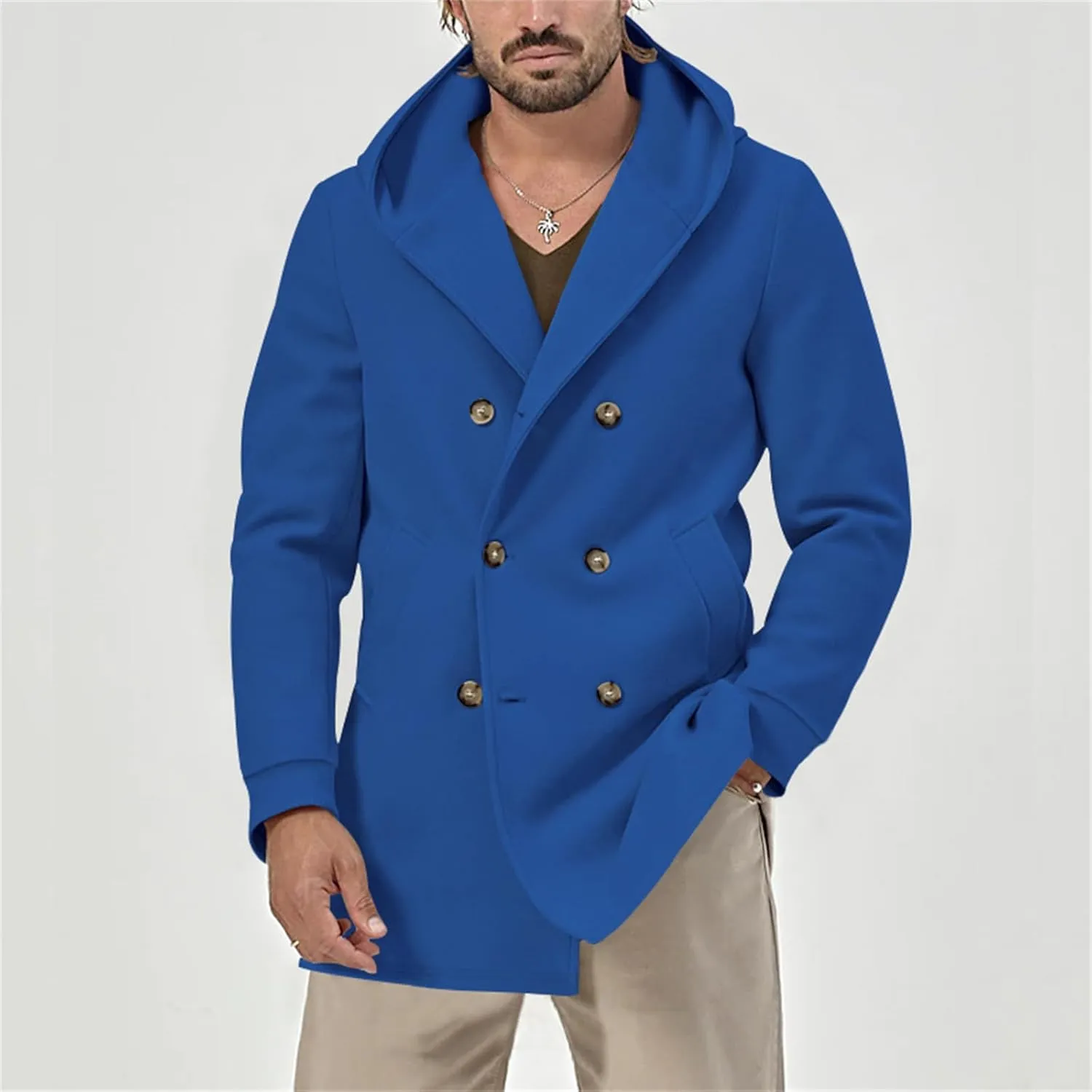 Mens Trench Coat with Hood Notched Lapel Double Breasted Peacoat Midi Long Jacket Windbreaker Overcoat Pea Coat Hoodie