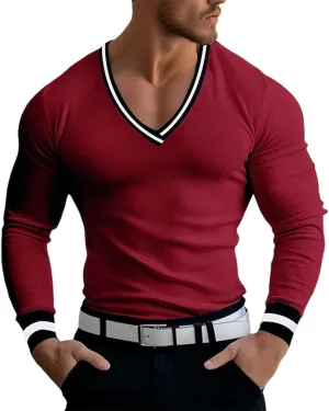 Mens V Neck Low Cut Stretch Muscle Basic Pullover Shirts Tops Slim Fit Thermal Long Sleeve Casual Grunge Sweater
