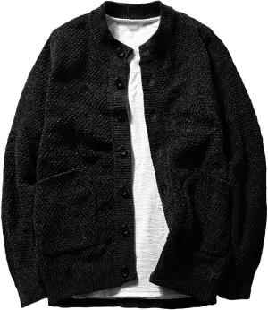 Men's Vintage Crew Neck Cardigan Sweater Long Sleeve Button Down Knitwear with Pocket Comfort Chunky Sweater Coat