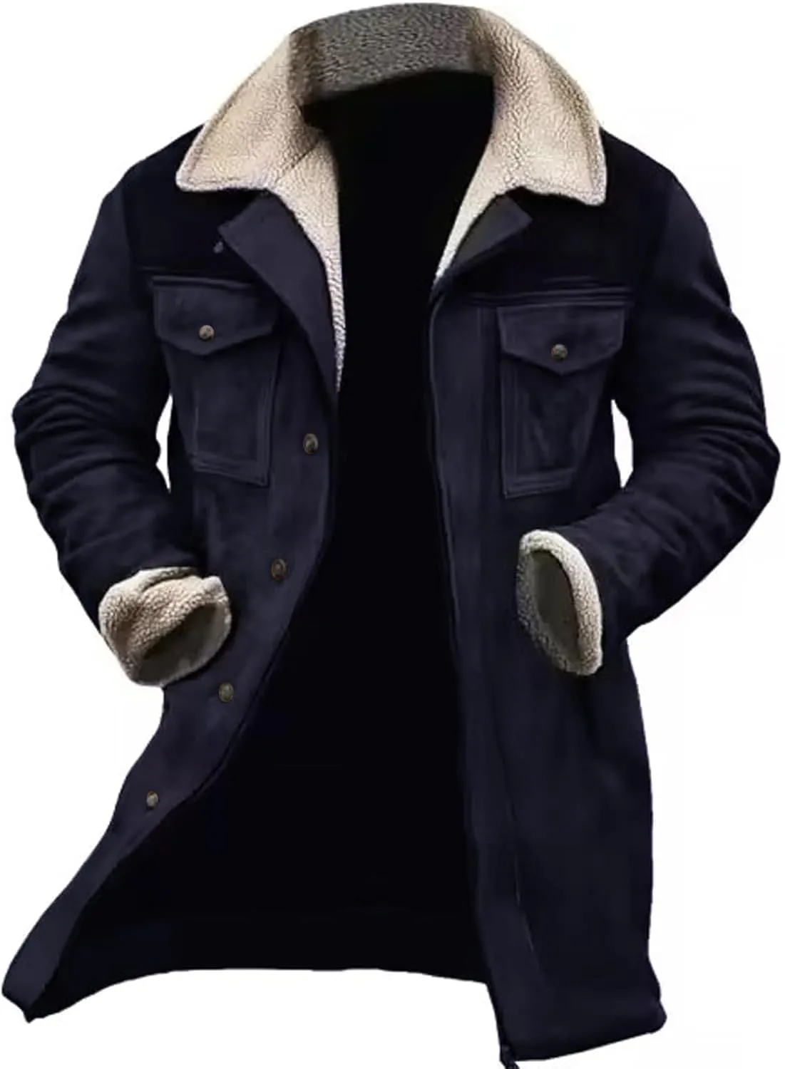Men's Vintage Suede Jacket Warm Plush Collar Faux Leather Jacket Motorcycle Zip Up Winter Coat Big and Tall Trench Coat