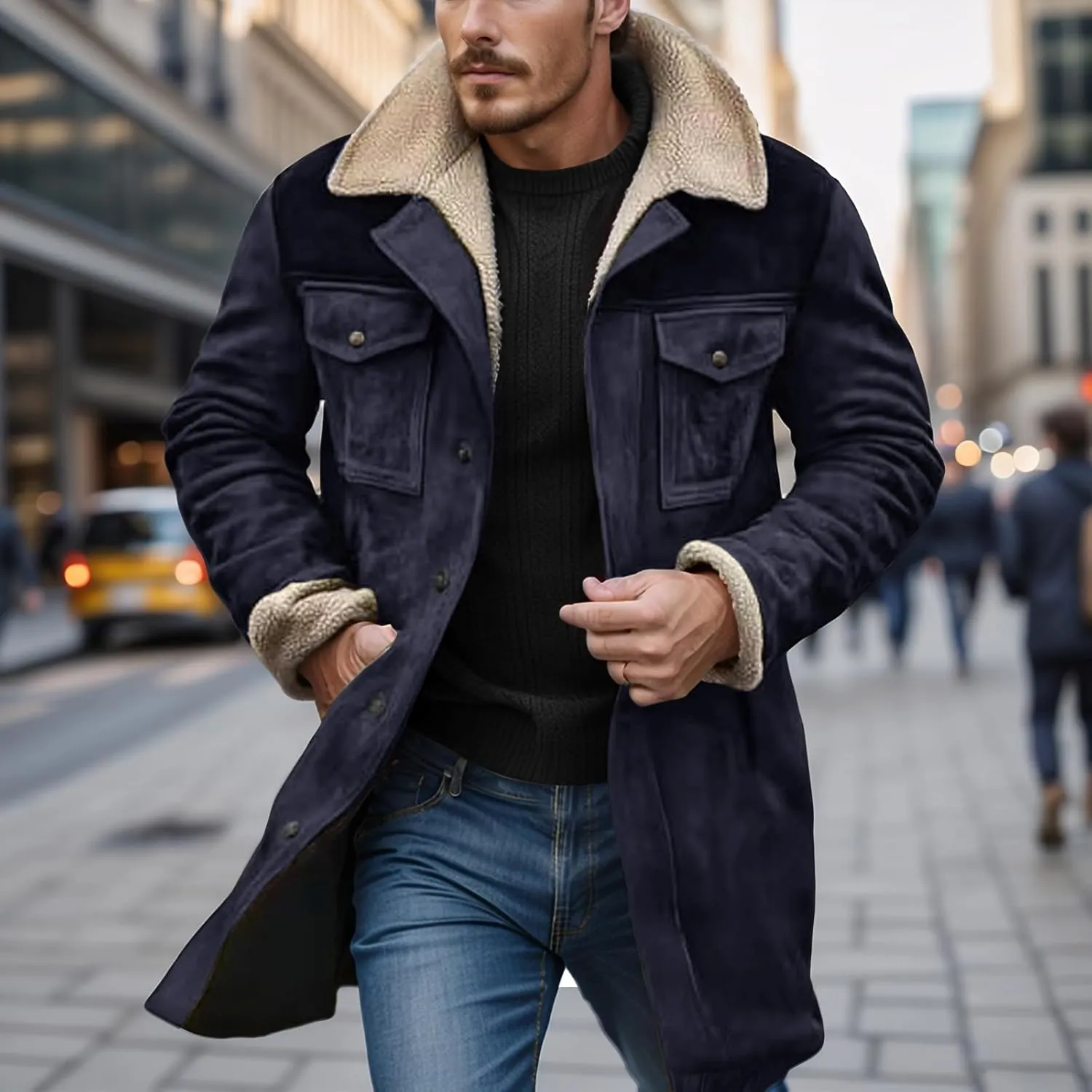 Men's Vintage Suede Jacket Warm Plush Collar Faux Leather Jacket Motorcycle Zip Up Winter Coat Big and Tall Trench Coat