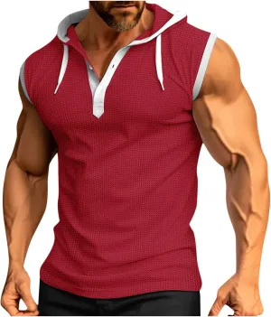 Men's Waffle Workout Hooded Tank Tops Button Down Sleeveless Gym Hoodies Color Block Training Athletic Muscle Pullover